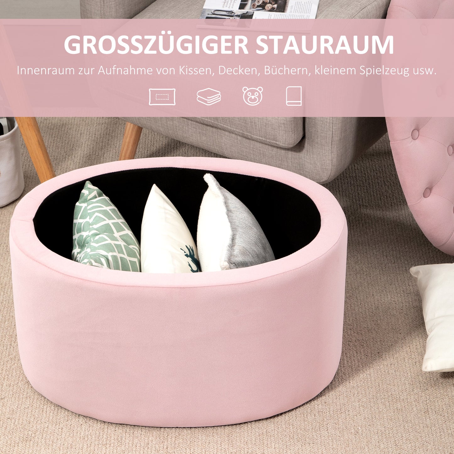 HOMCOM Sitzbank mit Stauraum Polsterbank mit Samtoptik، Sitztruhe Ovale Form، Truhenbank für Wohnzimmer Schlafzimmer Flur 71 × 52 × 42 سم، روزا