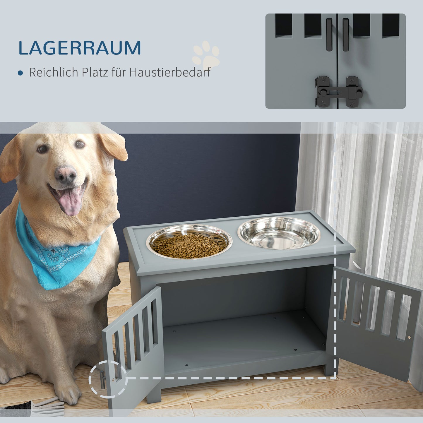 PawHut Erhöhte Futterstation für große Hunde, 2 Edelstahlnäpfe, Stauraum, 35,5x60x30 cm, Grau