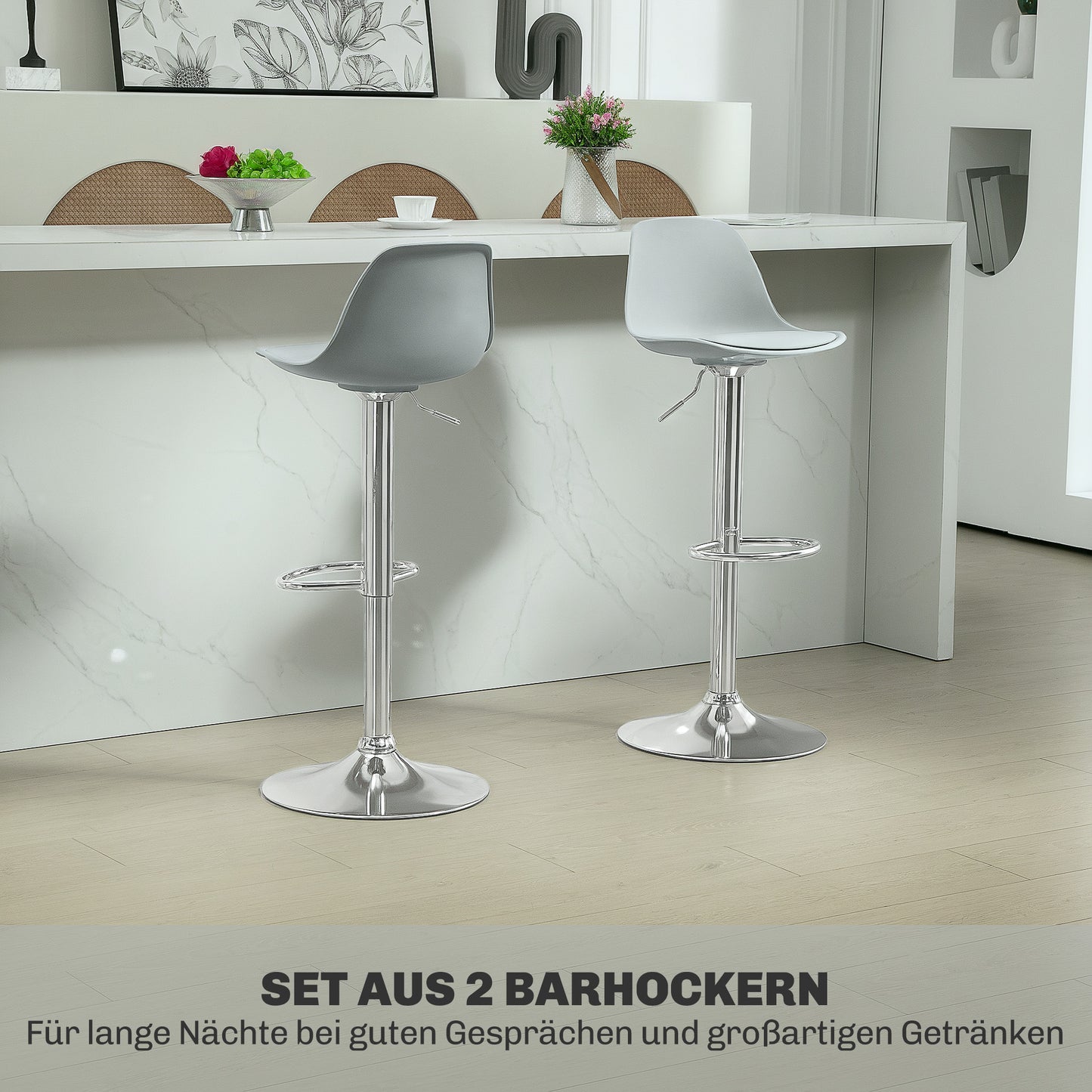 HOMCOM 2er-Set Barhocker, Barstühle, Drehstühle mit Lehne, höhenverstellbar, bis 120 kg belastbar, 42 x 38 x 82-104 cm, Grau