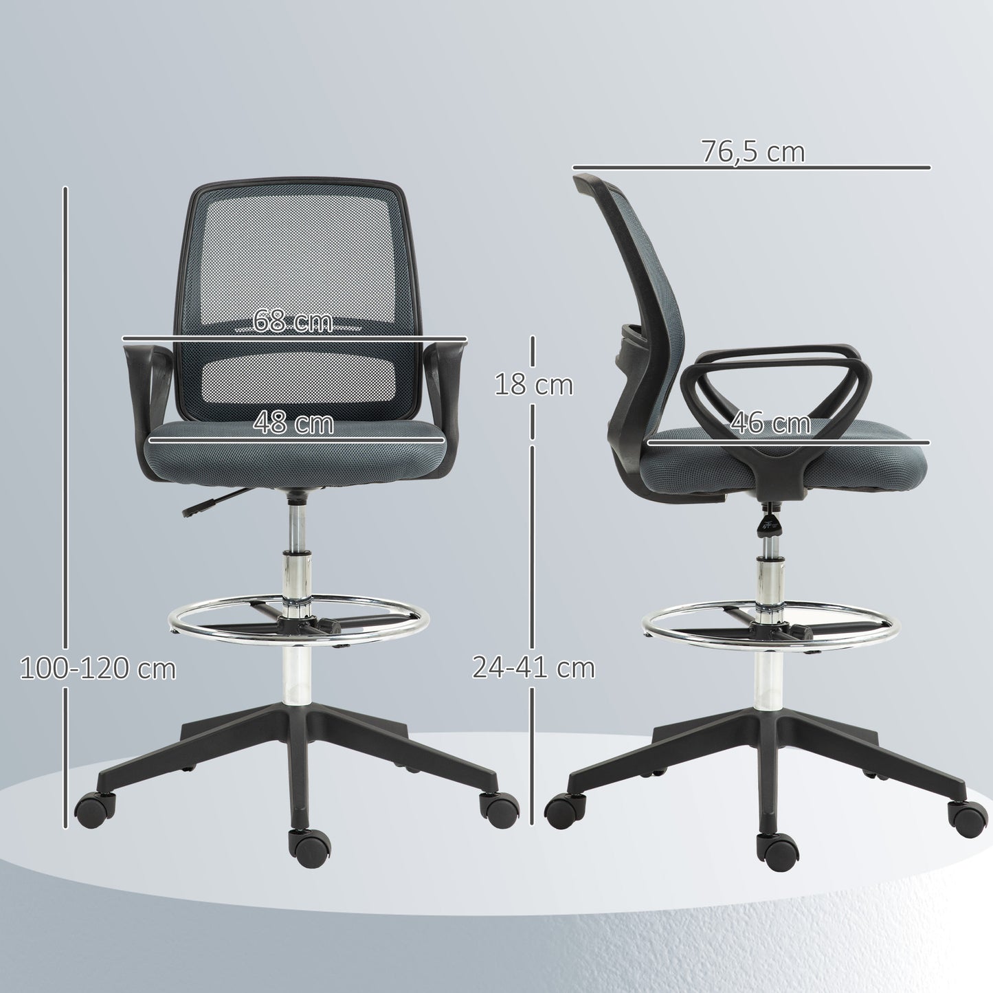 Vinsetto Bürostuhl Ergonomischer Schreibtischstuhl mit Armlehnen und Verstellbarer Fußring Netzbespannung Grau