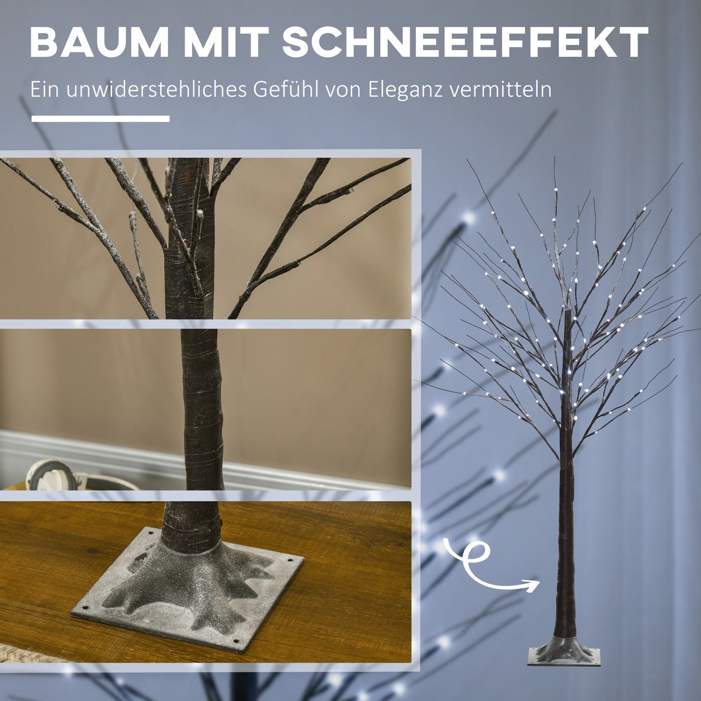 HOMCOM Künstliche Birke mit LED-Beleuchtung, 96 warmweiße Mikro-LEDs, 150 cm, Braun
