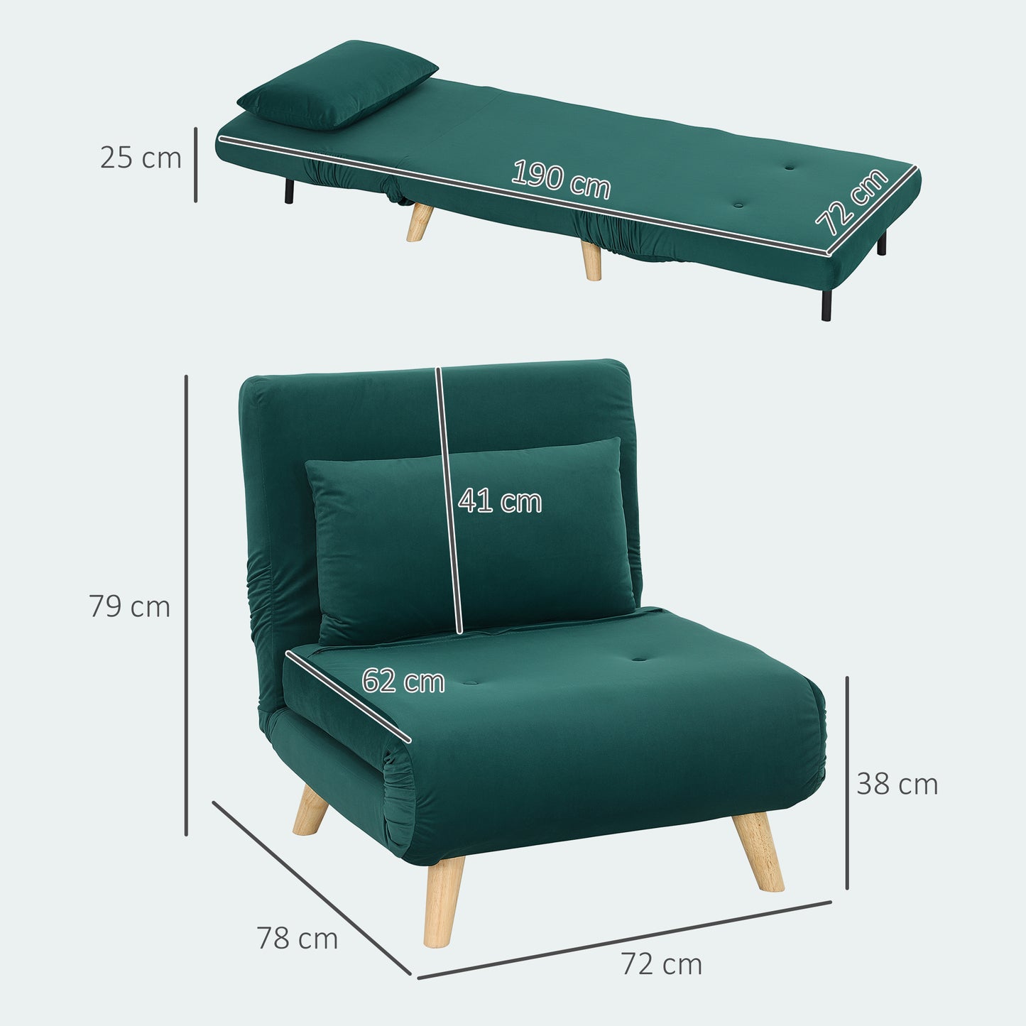 HOMCOM Klappsessel mit Bettfunktion, Klappbarer Relaxsessel in Samtoptik, Verstellbare Lehne, bis 120 kg belastbar, Dunkelgrün