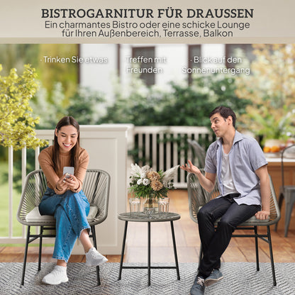 Outsunny 3-teiliges Outdoor-Möbelset, 1 Tisch, 2 Stühle, Rattan-Geflecht, Stahlrahmen, Kaffeetisch mit Glasplatte, Dunkelgrau