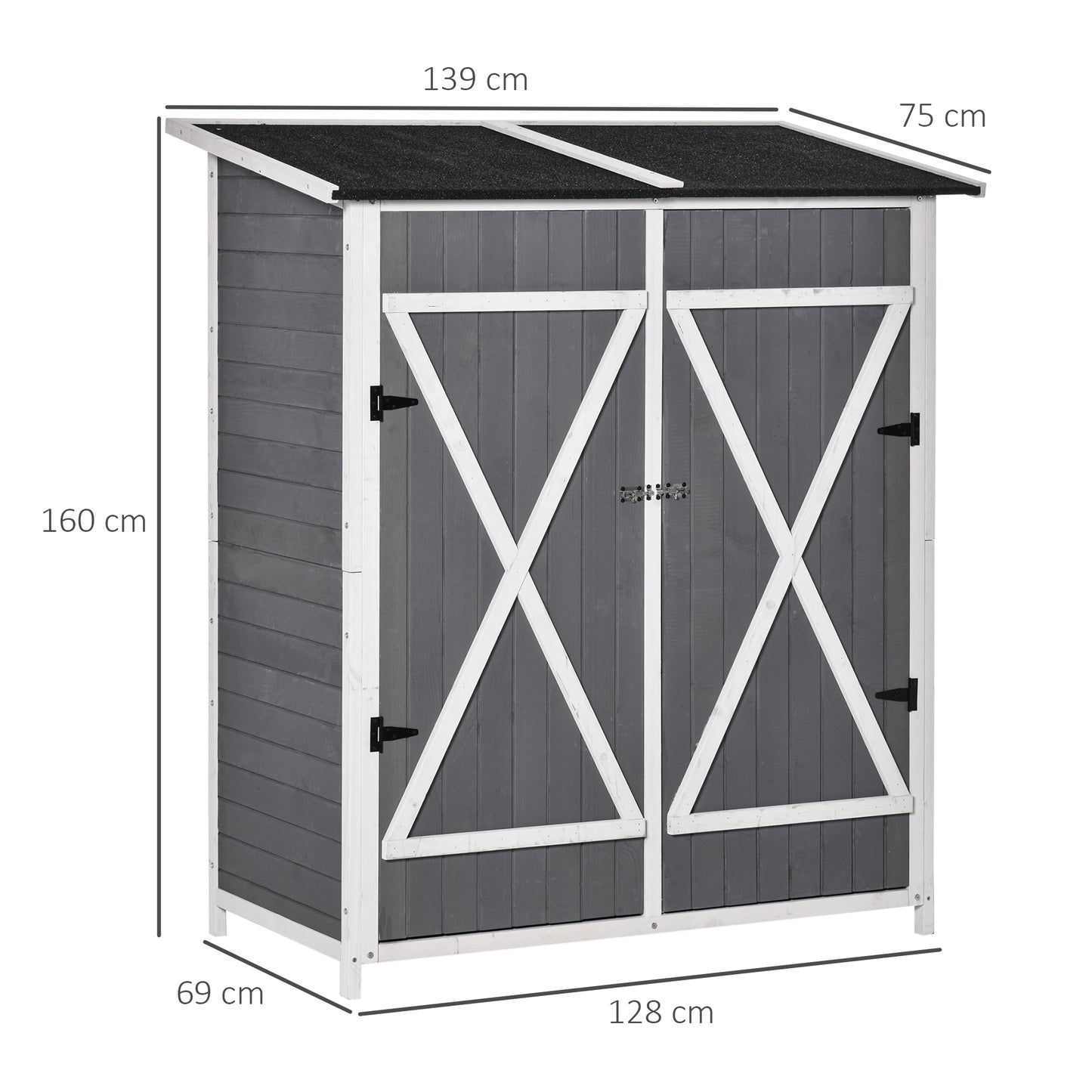 Outsunny Gartenschrank Geräteschuppen mit 2 Tür Geräteschrank mit Asphaltdach Gartenlagerschrank Antidumping Design mit Bodennägel Tannenholz Grau+Weiß 139 x 75 x 160 cm