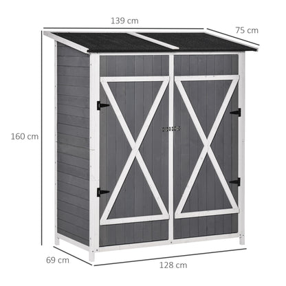 Outsunny Gartenschrank Geräteschuppen mit 2 Tür Geräteschrank mit Asphaltdach Gartenlagerschrank Antidumping Design mit Bodennägel Tannenholz Grau+Weiß 139 x 75 x 160 cm
