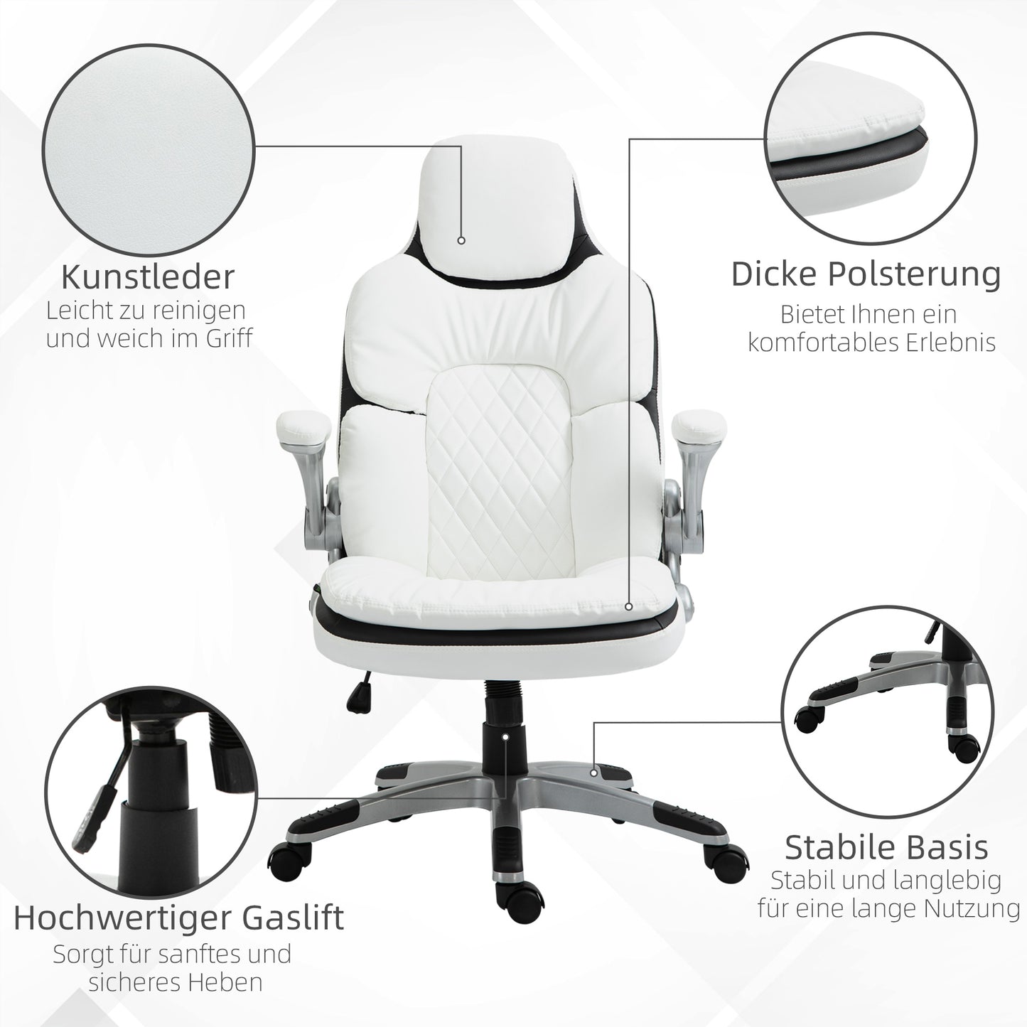 Vinsetto Ergonomischer Bürostuhl med klappbara Armlehnen, Höhenverstellbarer Schreibtischstuhl med Wippfunktion, dick gepolsterter Stuhl med verstellbar gepolsterte Armlehne 69 x 67 x 113-121 cm