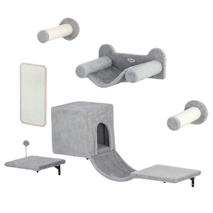 PawHut Kletterwand Katzen 6-teilig Katzen Kletterwand Set mit Katzenhaus, Hängematte, Plattform Kratzbrett Grau