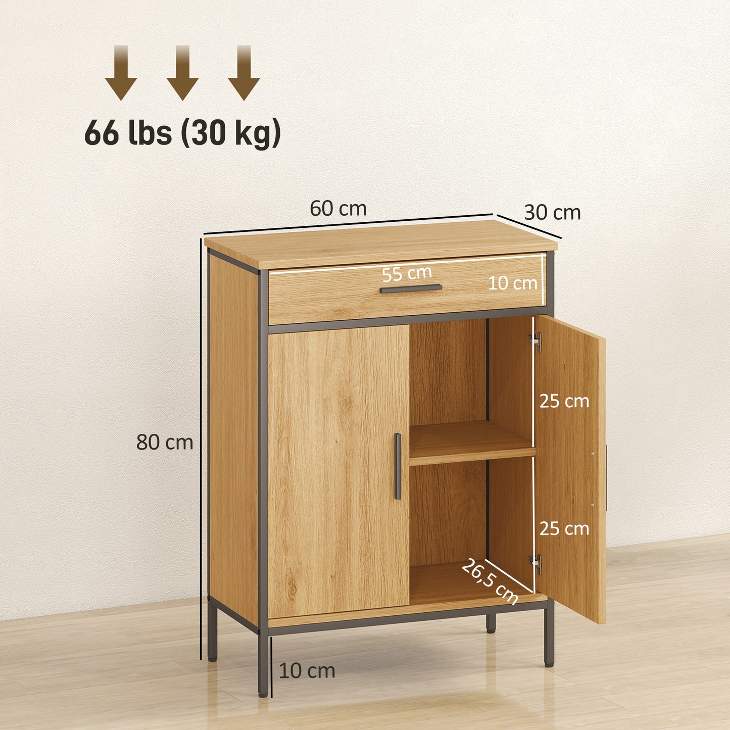 HOMCOM Badezimmerschrank, zweistufige Regale, große Schublade, Industriestil, Eichenoptik