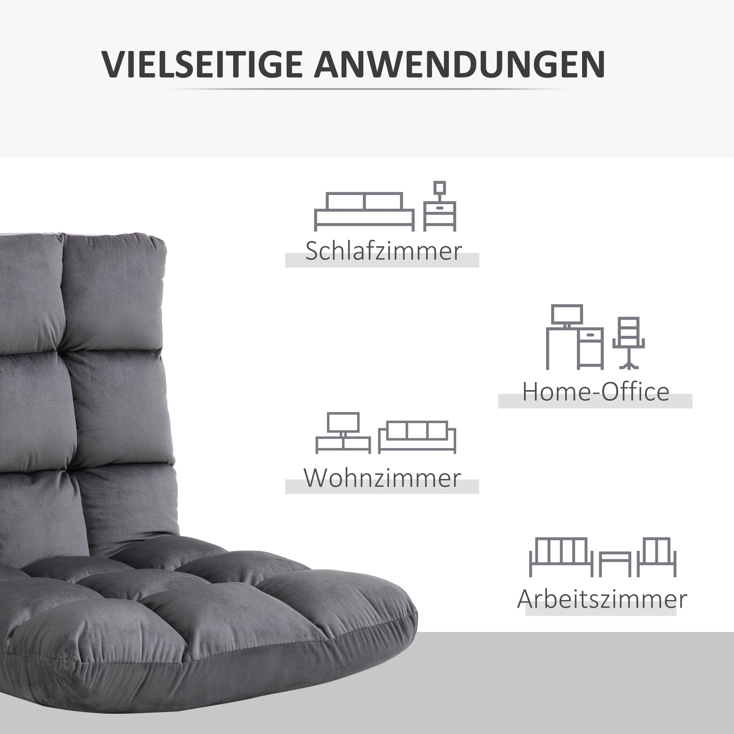 HOMCOM Sessel Gästematratze Bodensessel, verstellbare Rückenlehne, Velouroptik, 55 cm x 71 cm x 53,5 cm, Grau