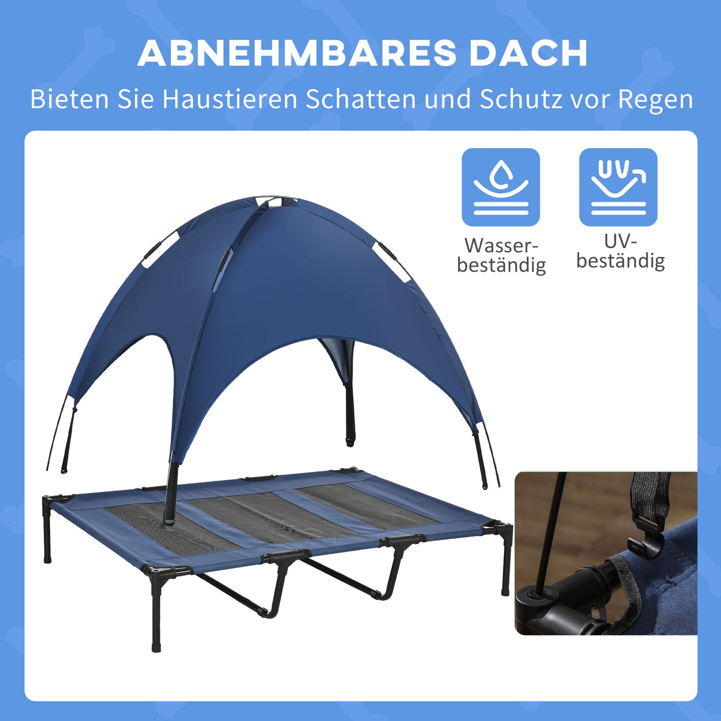PawHut Outdoor-Hundeschlafplatz Wetterfestes Hundebett, mit Baldachin, klappbar, 122 x 92 x 108 cm, Blau + Schwarz