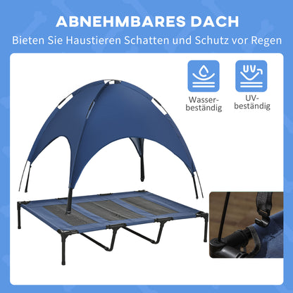 PawHut Outdoor-Hundeschlafplatz Wetterfestes Hundebett, mit Baldachin, klappbar, 122 x 92 x 108 cm, Blau + Schwarz