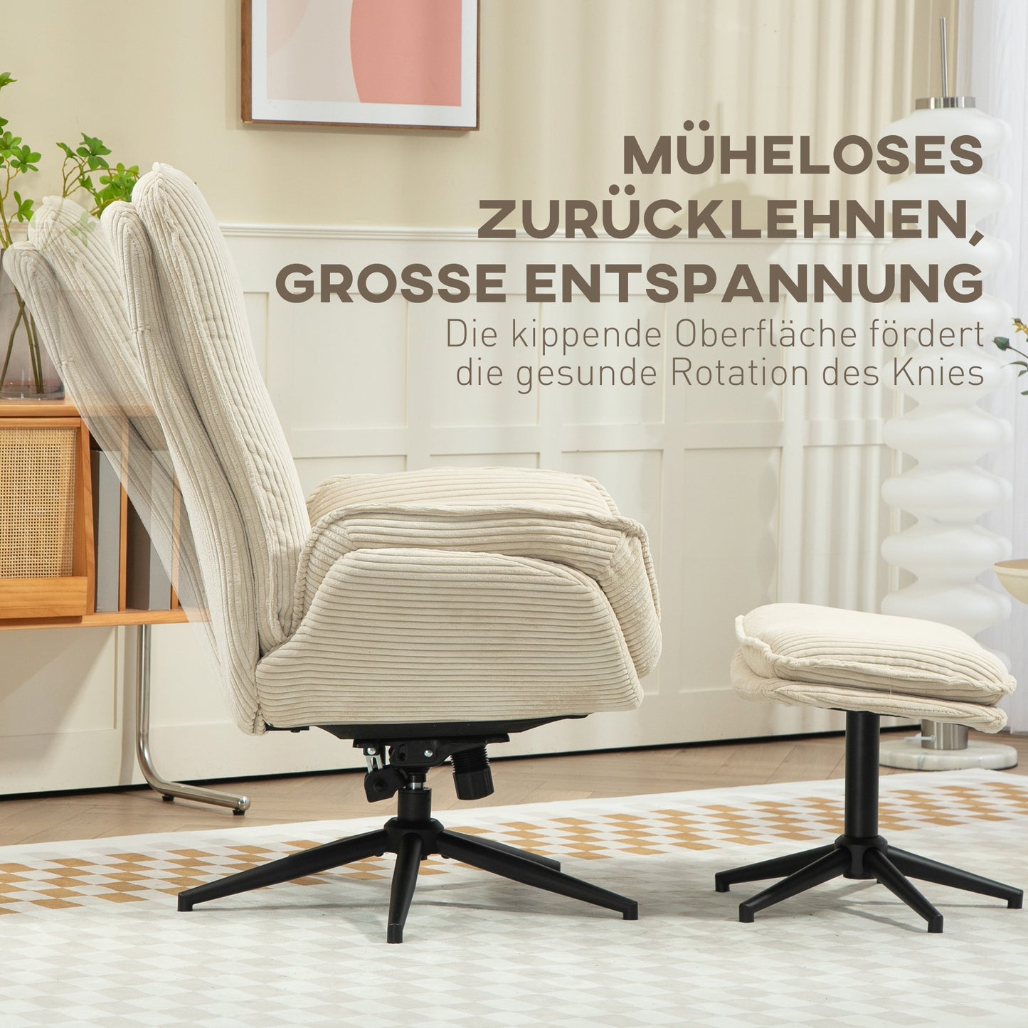 HOMCOM Drehbarer Polstersessel mit Fußhocker, Moderner Recliner-Sessel für Wohnzimmer, Schlafzimmer, Homeoffice, Beige