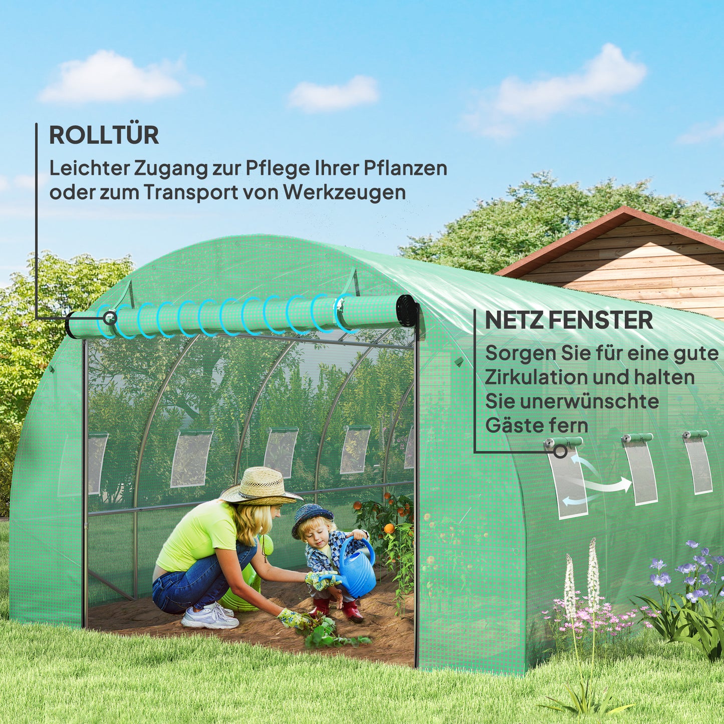 Outsunny Polytunnel Gewächshaus mit Kunststoff-Abdeckung und Stahlrahmen, begehbares Gewächshauszelt mit Rolltüren, Grün