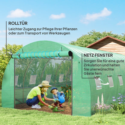 Outsunny Polytunnel Gewächshaus mit Kunststoff-Abdeckung und Stahlrahmen, begehbares Gewächshauszelt mit Rolltüren, Grün