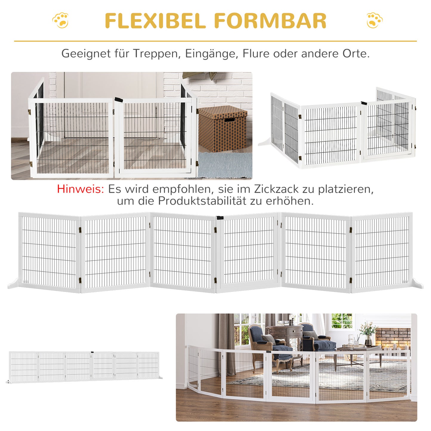 PawHut Absperrgitter für Hunde, klappbar, 432 x 36 x 70 cm, Kiefernholz, Weiß