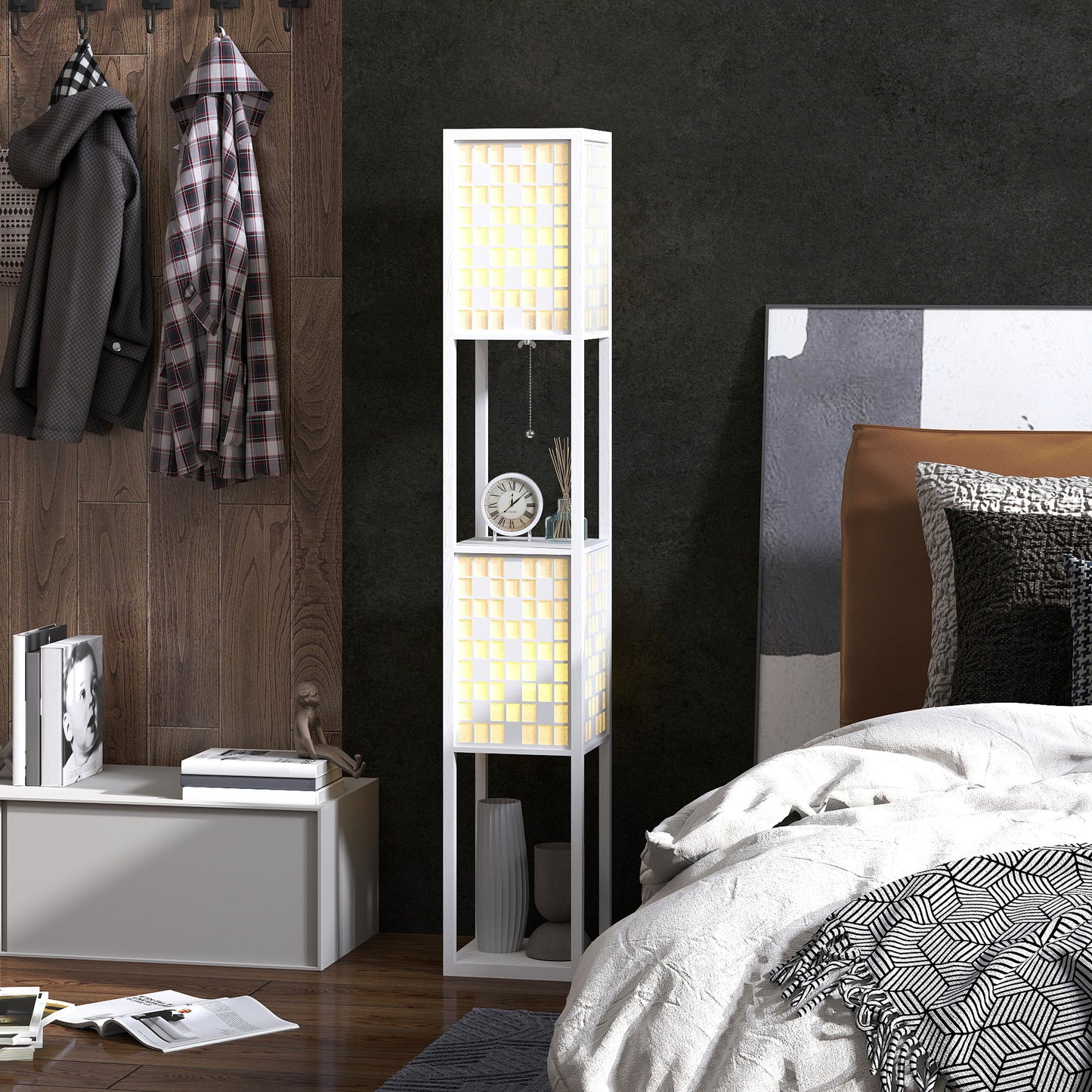 HOMCOM Stehlampe, Gittermuster, 2-Ebenen-Regale, für verschiedene Glühbirnen, Weiß