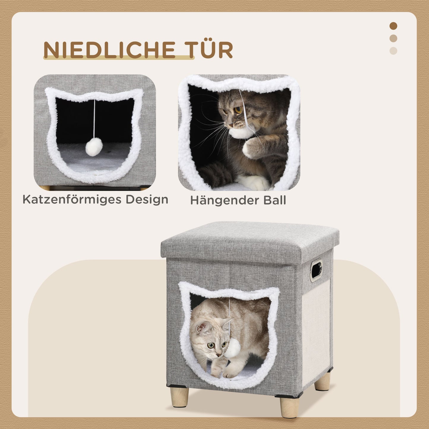 PawHut Katzenhöhle, Katzenhaus, inkl. Spielball, waschbares Kissen, 35,5 cm x 35,5 cm x 42,5 cm