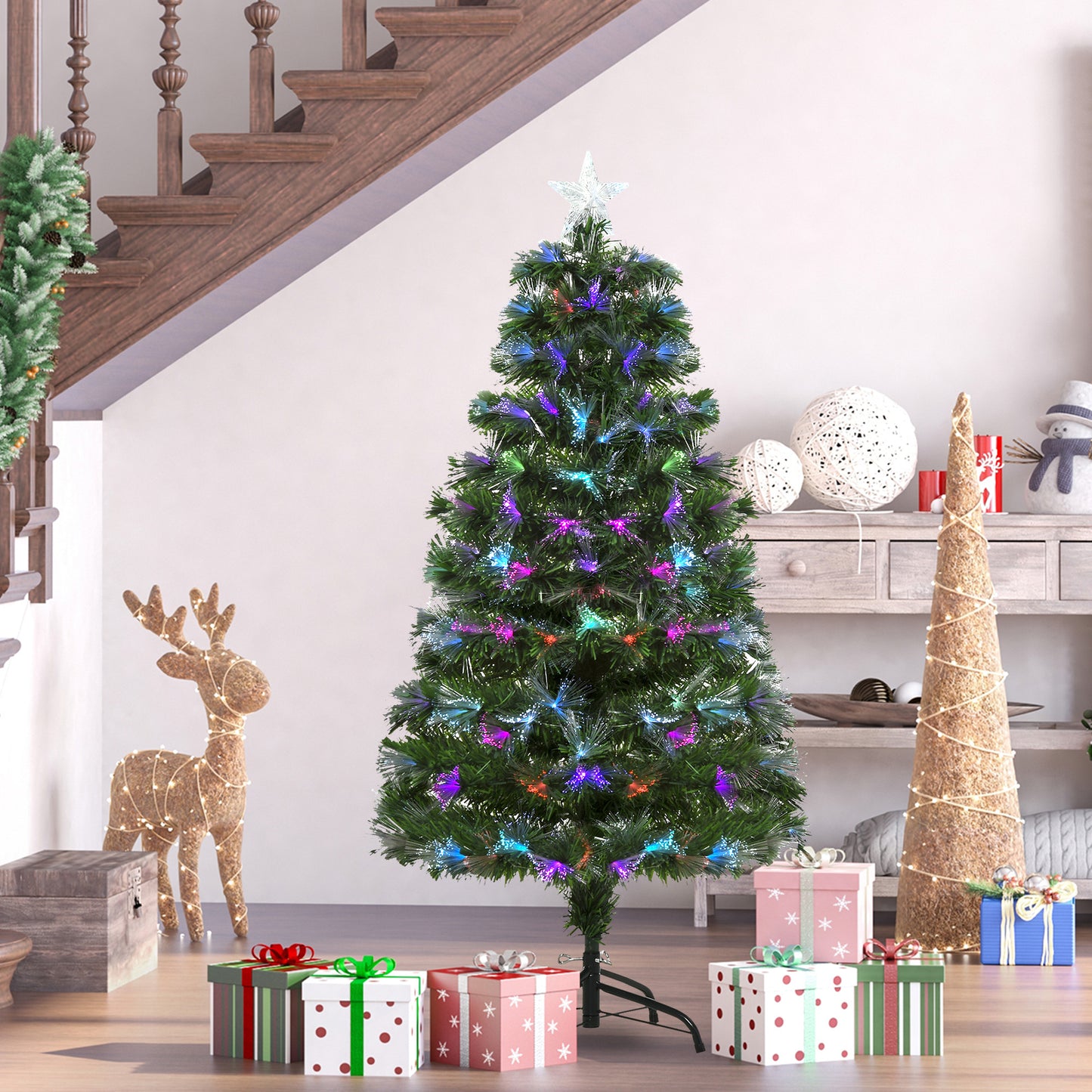 HOMCOM Weichnachtsbaum künslicher Weihnachtsbaum Christbaum, LED-Lichter, Sternspitze, 66 cm x 66 cm x 120 cm, Grün
