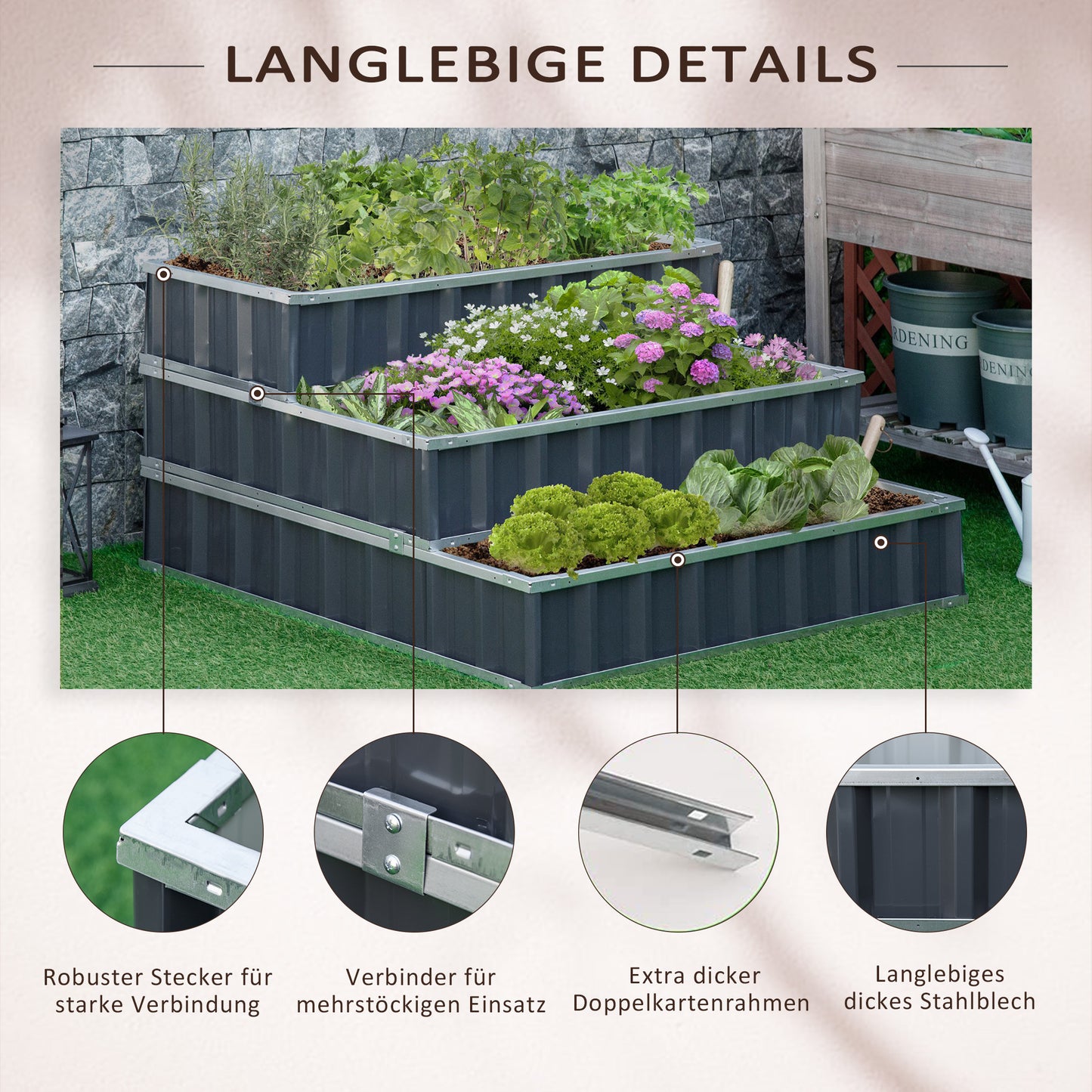Outsunny Hochbeet aus Stahl 3-stufige Gartenbeet mit T-Form-Pflanzenschilder Handschuhe Pflanzenbeet Kräuterbeet Blumentreppe für Balkon Garten Dunkelgrau 118 x 118 x 62 cm