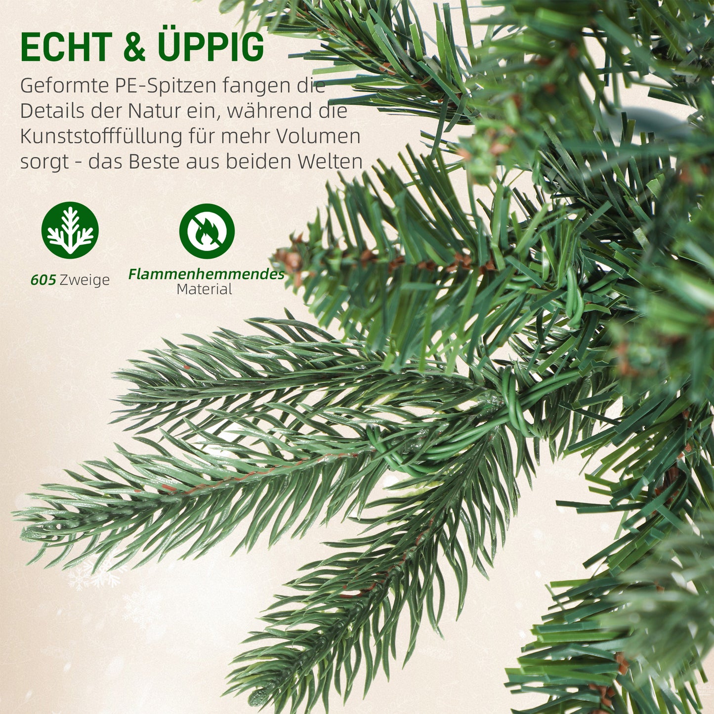 HOMCOM Weihnachtsbaum künstlich 180 cm Christbaum mit 605 dichten Zweigen, 200 warmweiß LED Indoor