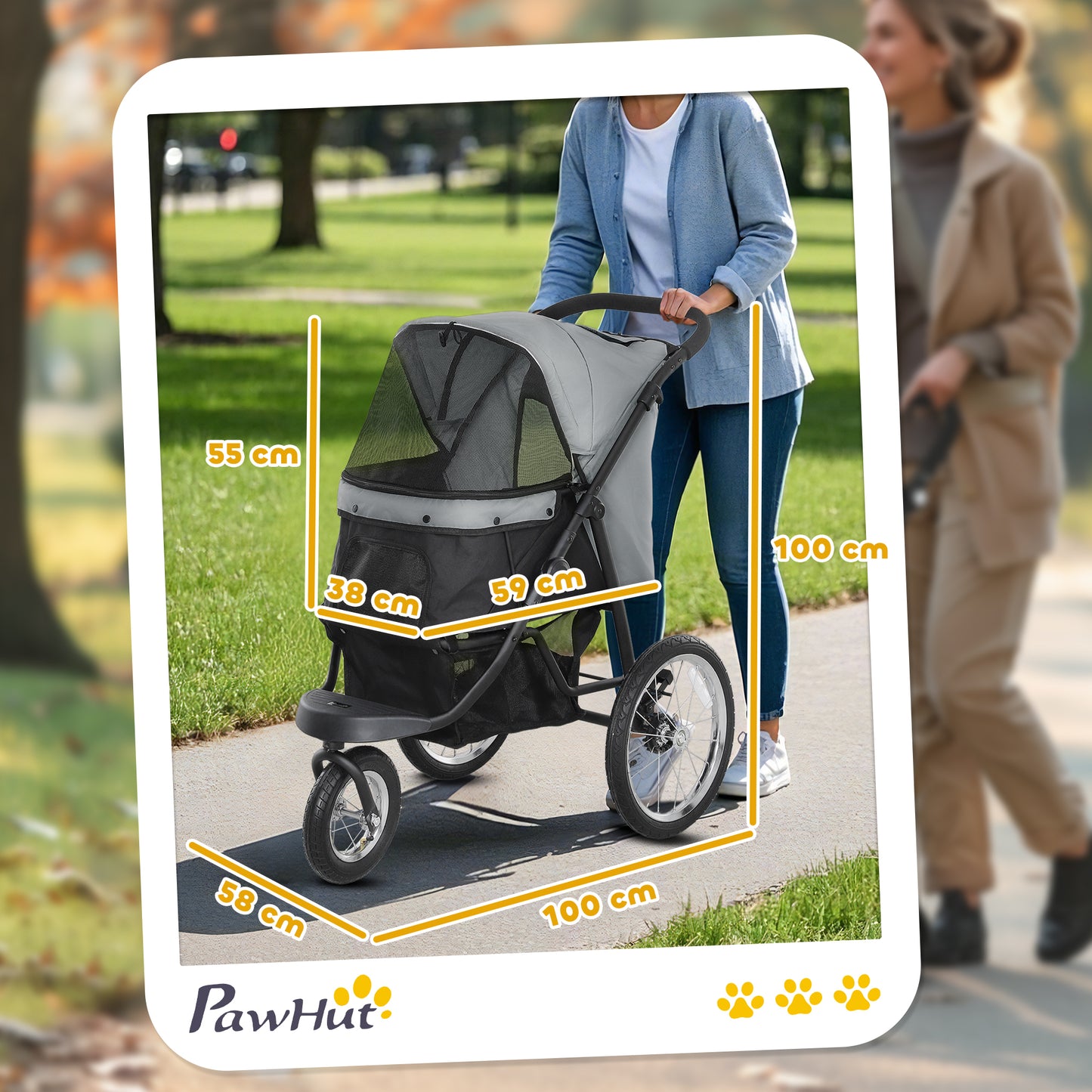 PawHut Hundebuggy, Haustierwagen für kleine Hunde und Katzen, mit Aufbewahrungskorb, Ein-Klick-Faltdesign, Grau