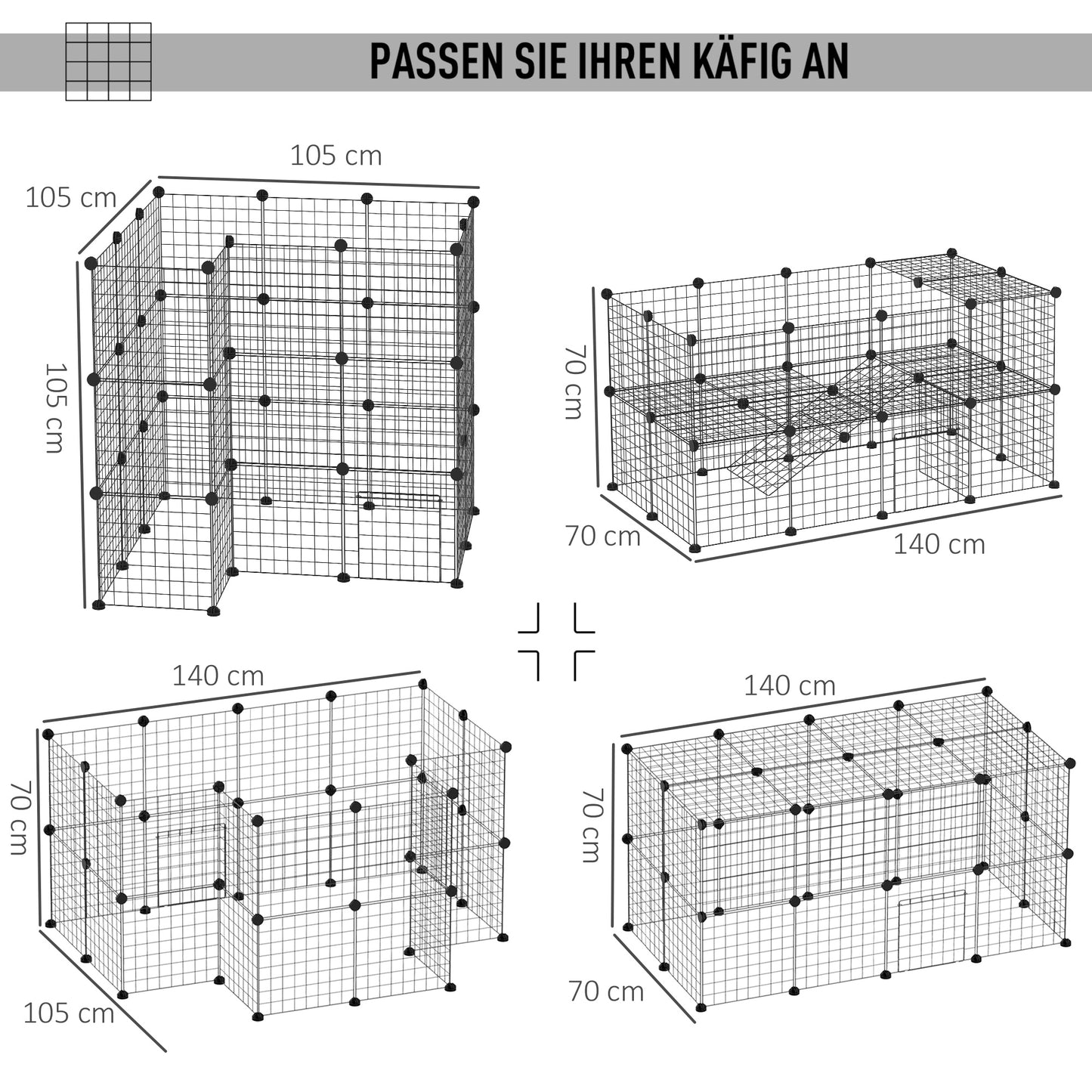 PawHut Freigehege Laufgitter DIY Welpenlaufstall Gittergehege für Kleintier aus Metallgitter Absperrgitter Kleine Haustiere Laufstall für Innen 36 Platten Schwarz 146 x 73 x 73 cm