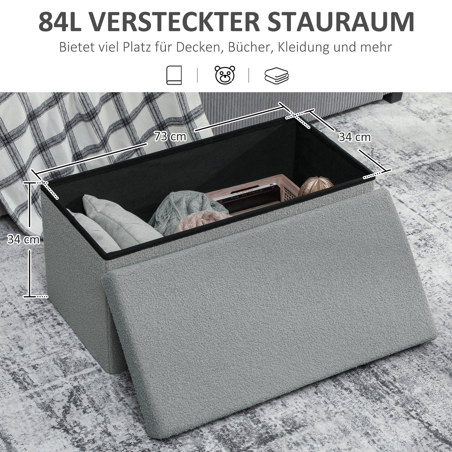 HOMCOM Aufbewahrungshocker, Polsterbank mit Stauraum und Deckel für Wohnzimmer, Schlafzimmer, Flur, Dunkelgrau