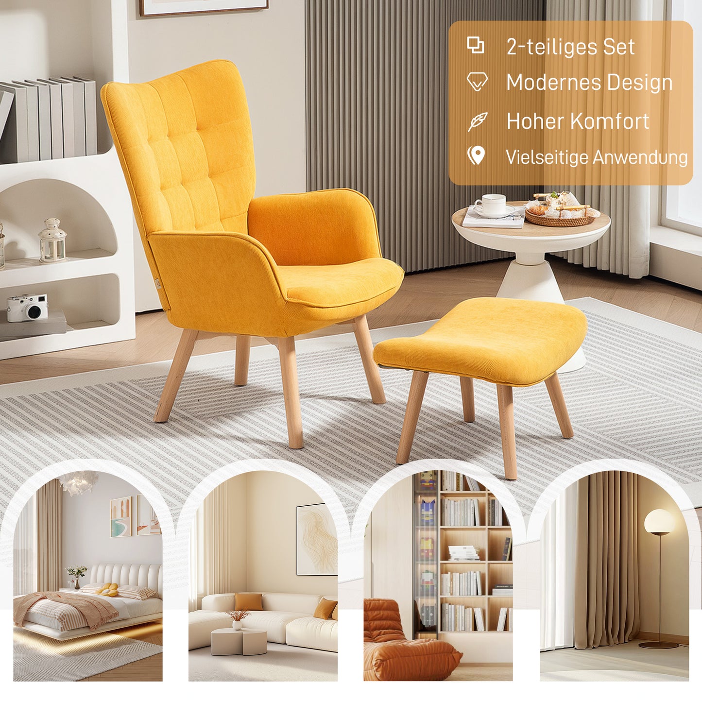 HOMCOM Akzentsessel mit Hocker, Relaxsessel in Cord-Optik, Armlehnstuhl mit Holzbeinen, für Wohnzimmer, Orange