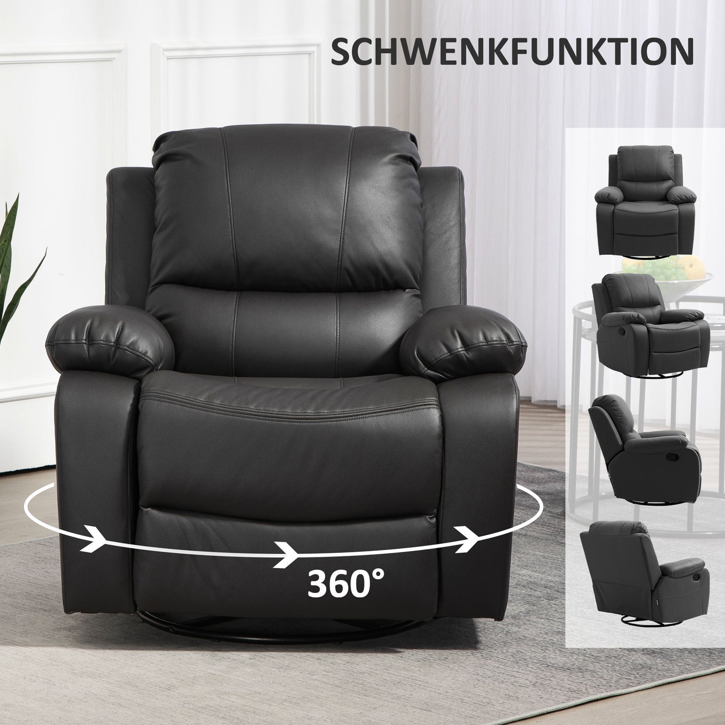 HOMCOM Relaxsessel, verstellbare Lehne & Fußstütze, drehbar, bis 150 kg, Stahlrahmen, 93x100x98cm, Schwarz