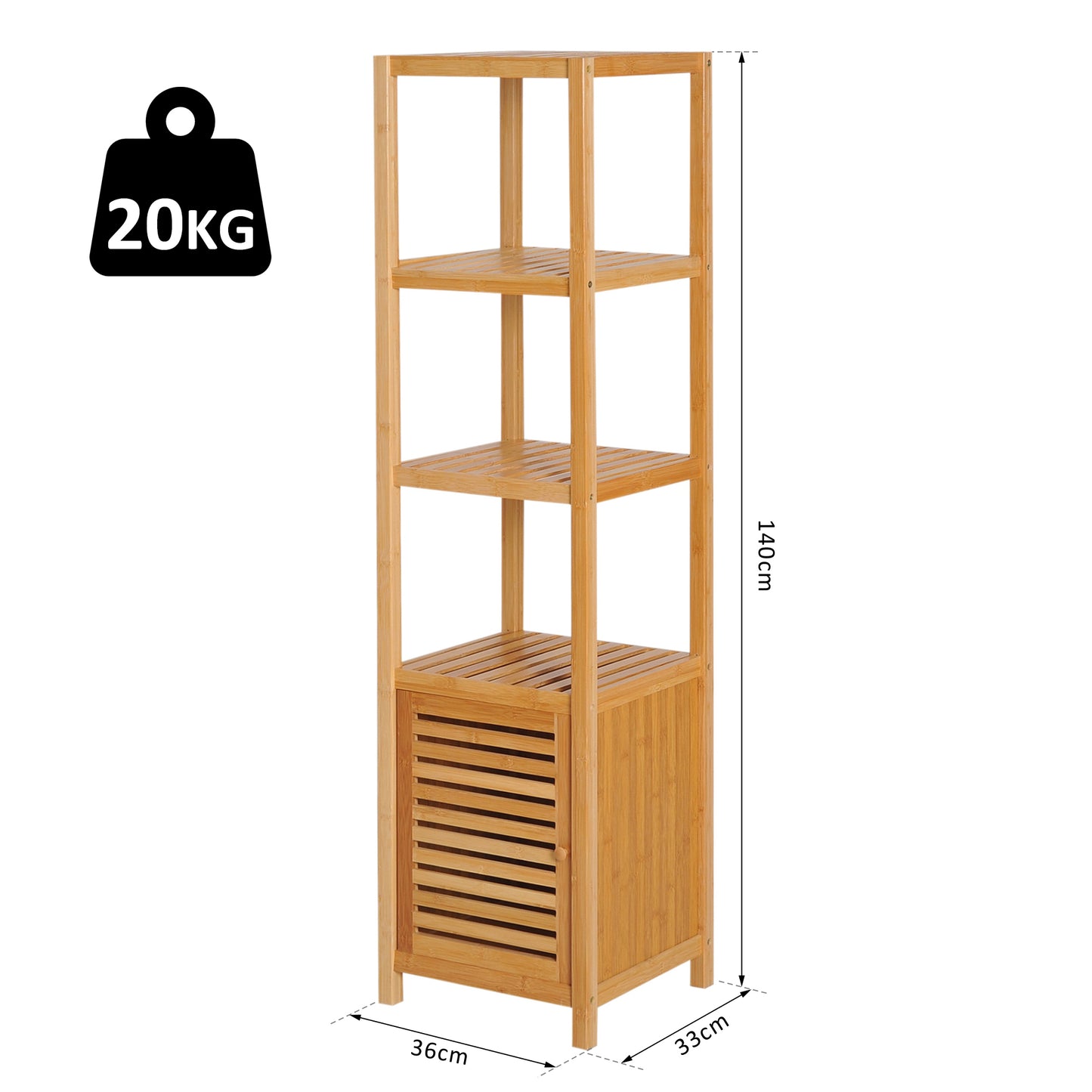 HOMCOM Badezimmerschrank, freistehend, 3 Regalböden, schmal & hoch, Lamellentür, 36 x 33 x 140cm