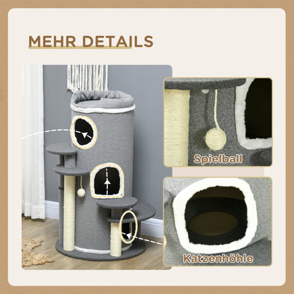 PawHut Kratzbaum Kratztonne, 2 Katzenhöhlen, 4 Liegeflächen, 4 Kratzpfosten, 57 cm x 57 cm x 99 cm, Grau + Weiß