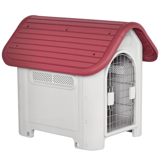 PawHut Hundehütte Outdoor Hundehaus mit Dachluke Tor Unterschlupf für kleine Hunde Kleintierstall Luftzirkulation wasserdicht Metall Kunststoff Rot+Hellgrau 59 x 75 x 66 cm