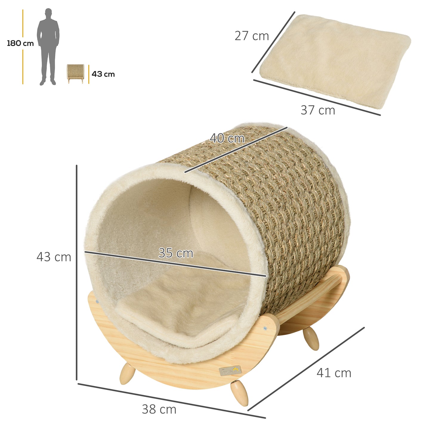 PawHut Katzenhöhle mit Kratzfläche inkl. Kissen, Kratztonne, 41 cm x 38 cm x 43 cm, Natur + Beige