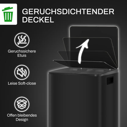 HOMCOM Mülleimer mit 2x25L Fächern, Soft-Close-Deckel, Fingerabdrucksicher, Edelstahl, Schwarz
