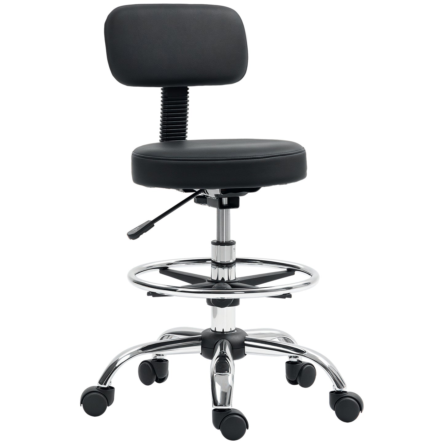 HOMCOM Bürostuhl, Kompakter Drehstuhl, höhenverstellbar, mit Fußstütze, 360° drehbar, Kunstleder, Metall, Schwarz