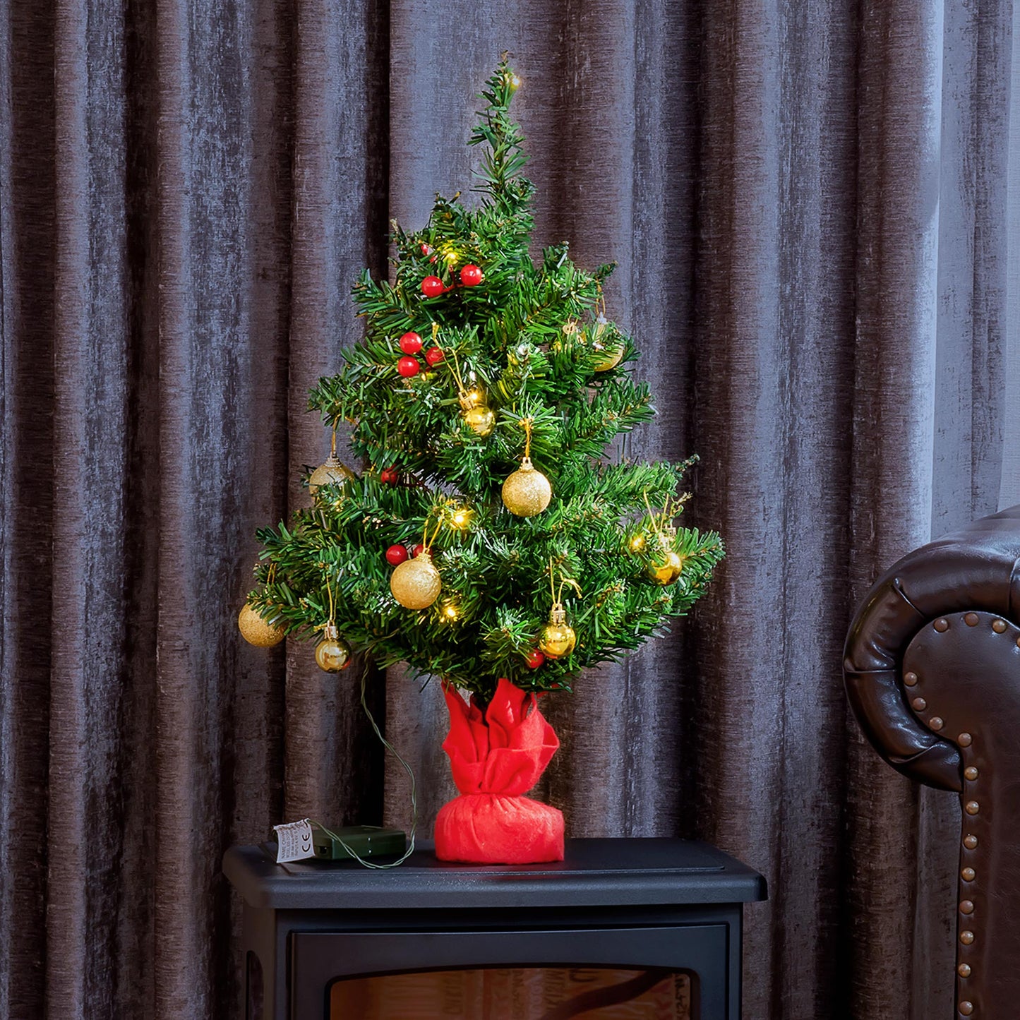 HOMCOM Mini-Weihnachtsbaum Weihnachtsdekoration Weihnachtsdeko, inkl. Weihnachtskugeln und LED-Lichter 60 cm, Mehrfarbig