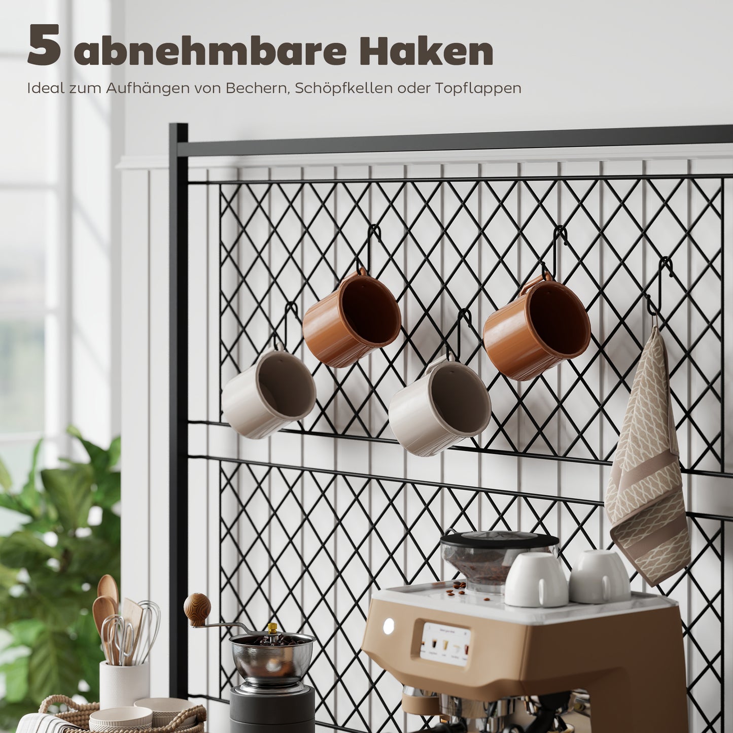 HOMCOM Küchenregal mit Arbeitsfläche, Metallgitterpaneele, 5 Haken, Küchenschrank für Gewürze, Töpfe, Pfannen, Braun