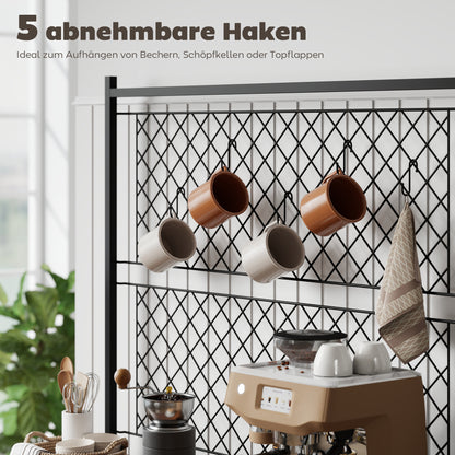 HOMCOM Küchenregal mit Arbeitsfläche, Metallgitterpaneele, 5 Haken, Küchenschrank für Gewürze, Töpfe, Pfannen, Braun