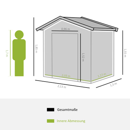Outsunny Gartenschuppen, 2 Schiebetüren, Lüftungsfenster, Bodenrahmen, rostfrei, Stahl, hellgrün, 2,13 x 1,30 x 1,85 m