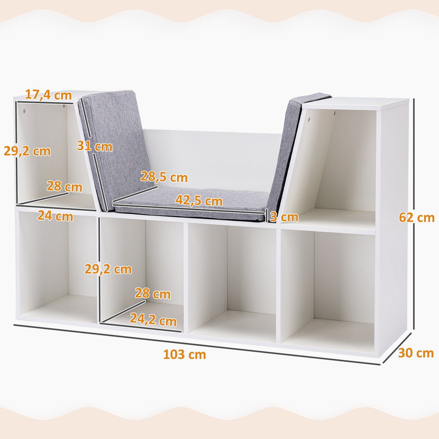 HOMCOM 2-in-1 Kinderregal Regal + Sitzbank inkl. Polster 103 cm × 30 cm × 62 cm Weiß + Grau