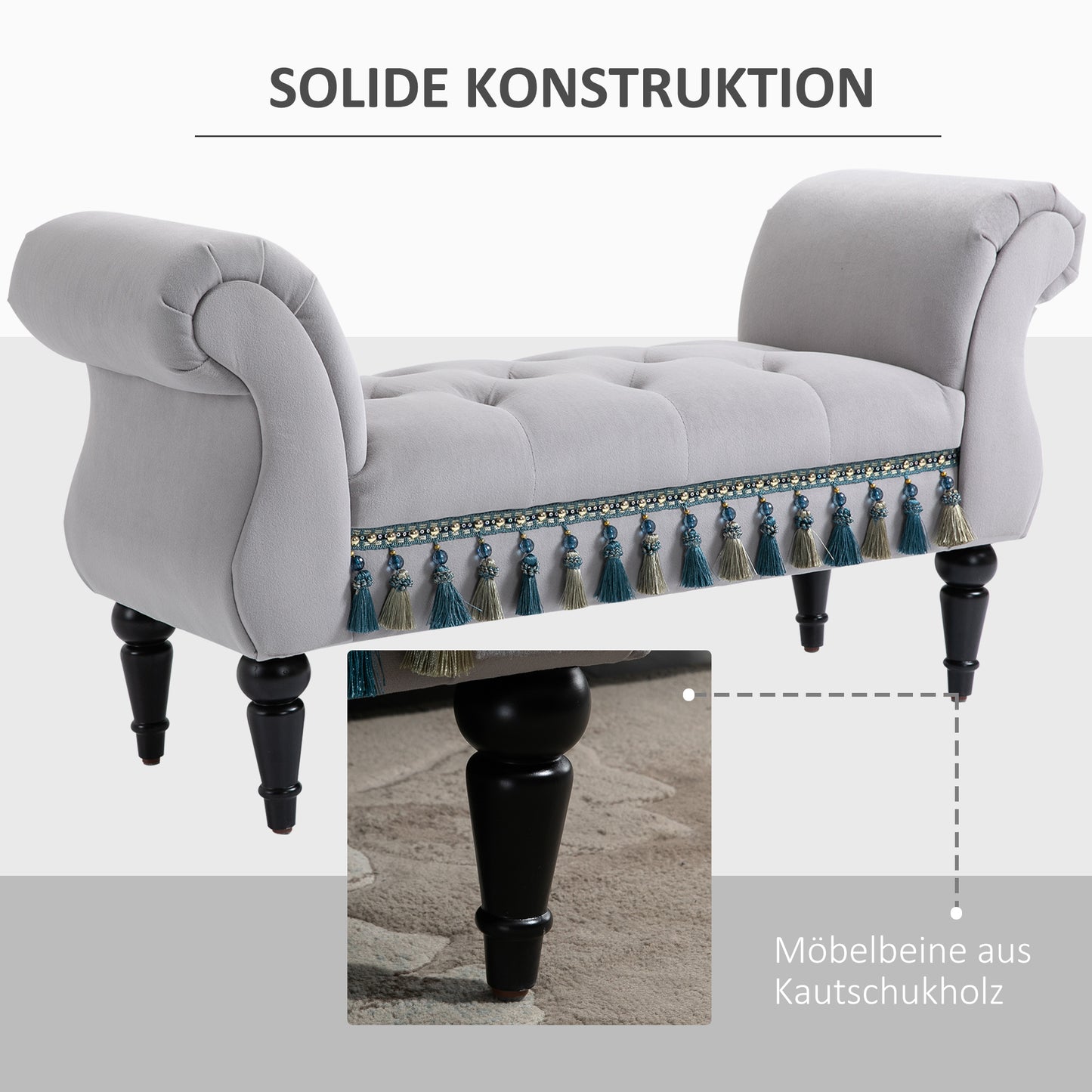 HOMCOM Sitzbank Polsterbank mit Samt-Bezug, Armlehne Bettbank mit Holzrahmen, Schuhbank für Schlafzimmer, Wohnzimmer, Flur 117 x 40 x 58 cm Hellgrau