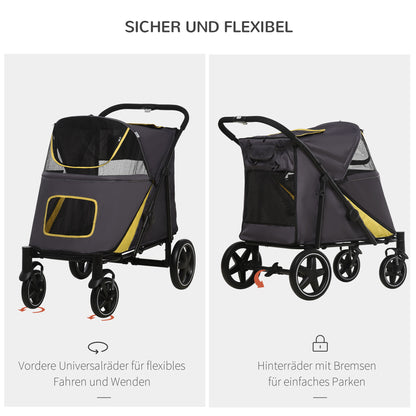 PawHut Hundetrolley bis 30kg klappbar One-klick-system 2 Sicherheitsleinen Aufbewahrungstaschen Gepolsterter Griff Dunkelgrau