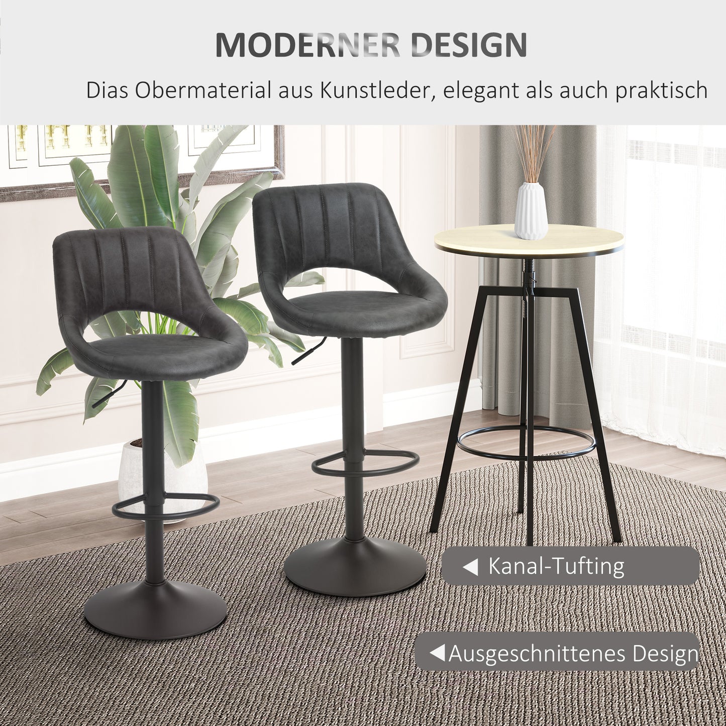 HOMCOM Barhocker 2er-Set, Lederoptik, drehbar, höhenverstellbar, Fußstütze, Metallrahmen, 47 x 52 x 87-109 cm, Grau