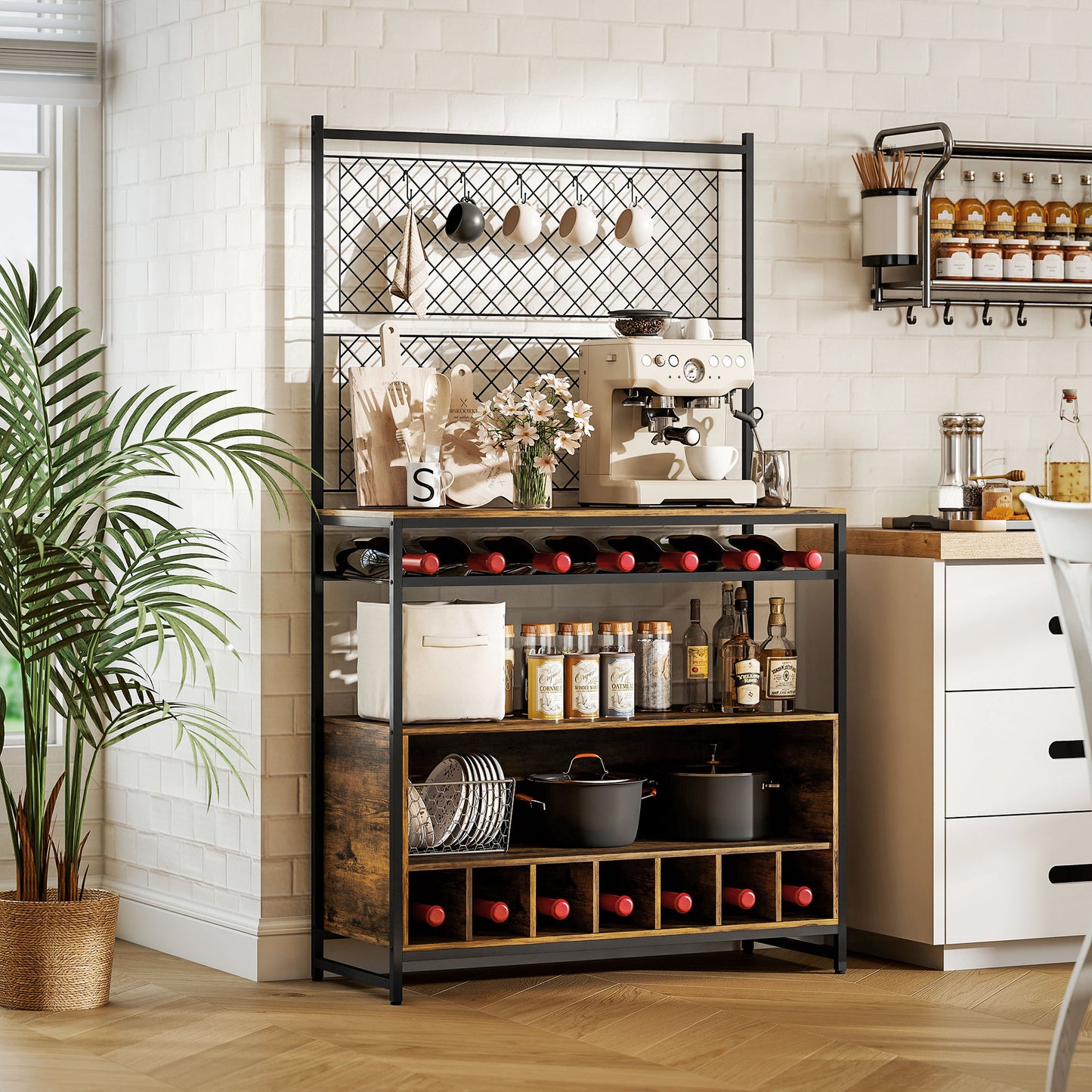 HOMCOM Küchenregal mit Arbeitsfläche, Metallgitterpaneele, 5 Haken, Küchenschrank für Gewürze, Töpfe, Pfannen, Braun
