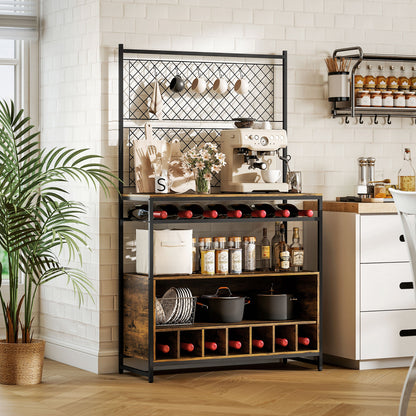 HOMCOM Küchenregal mit Arbeitsfläche, Metallgitterpaneele, 5 Haken, Küchenschrank für Gewürze, Töpfe, Pfannen, Braun