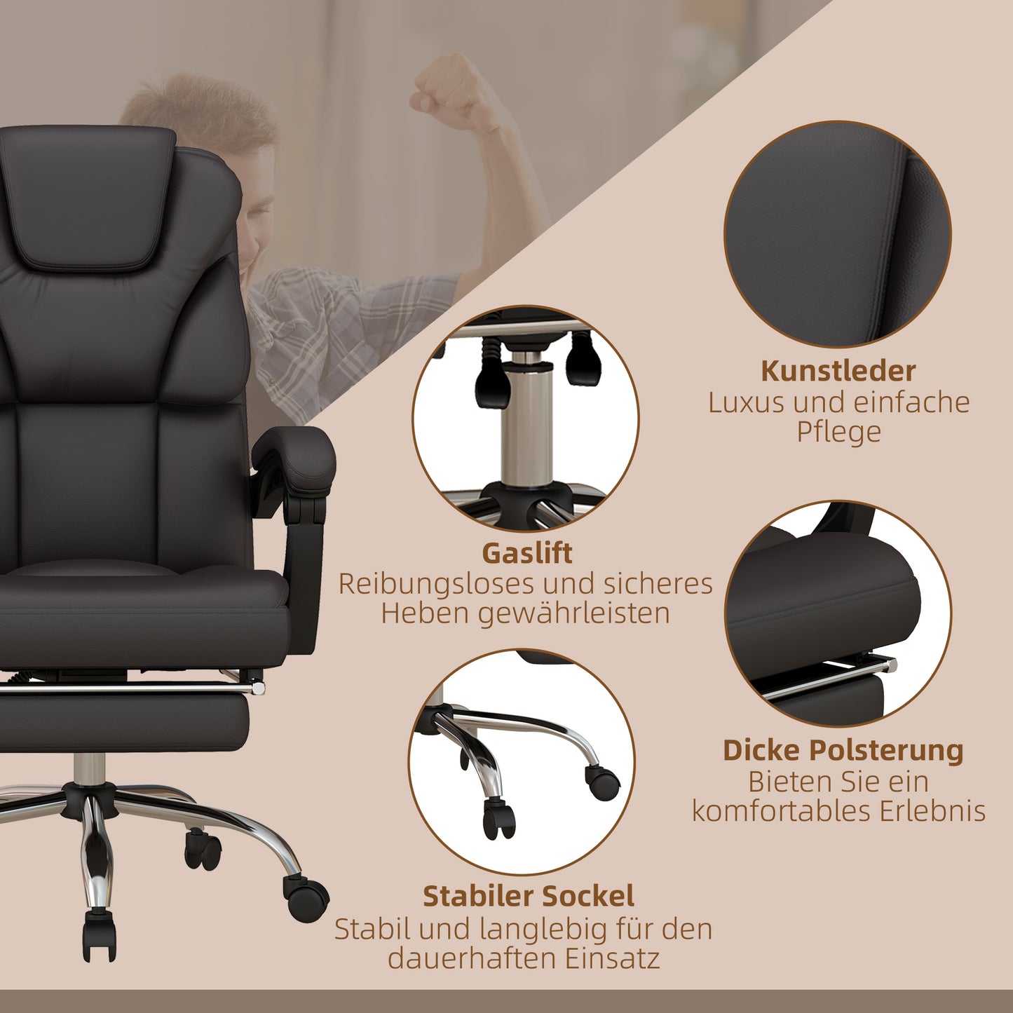 Vinsetto Bürostuhl mit Massagefunktion, ergonomisch, liegefähig, 63x57x118, Braun