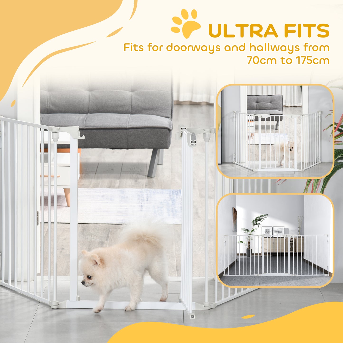 PawHut Absperrgitter Hund Freistehendes Schutzgitter 180 x 74,5 cm Hundegitter Klappbar Türschutzgitter Treppengitter Hundeabsperrgitter für Treppen, Türen, Küche, Flur, 3 Paneelen, Weiß