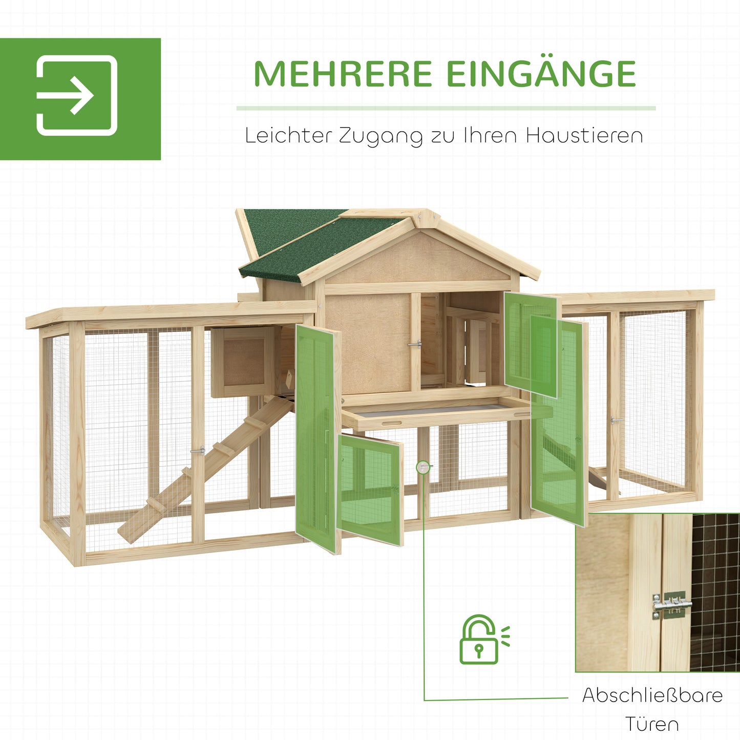 PawHut Hühnerstall mit Freigehege, inkl. Nistkasten, Rampe und Bodenwanne Tannenholz Naturholz