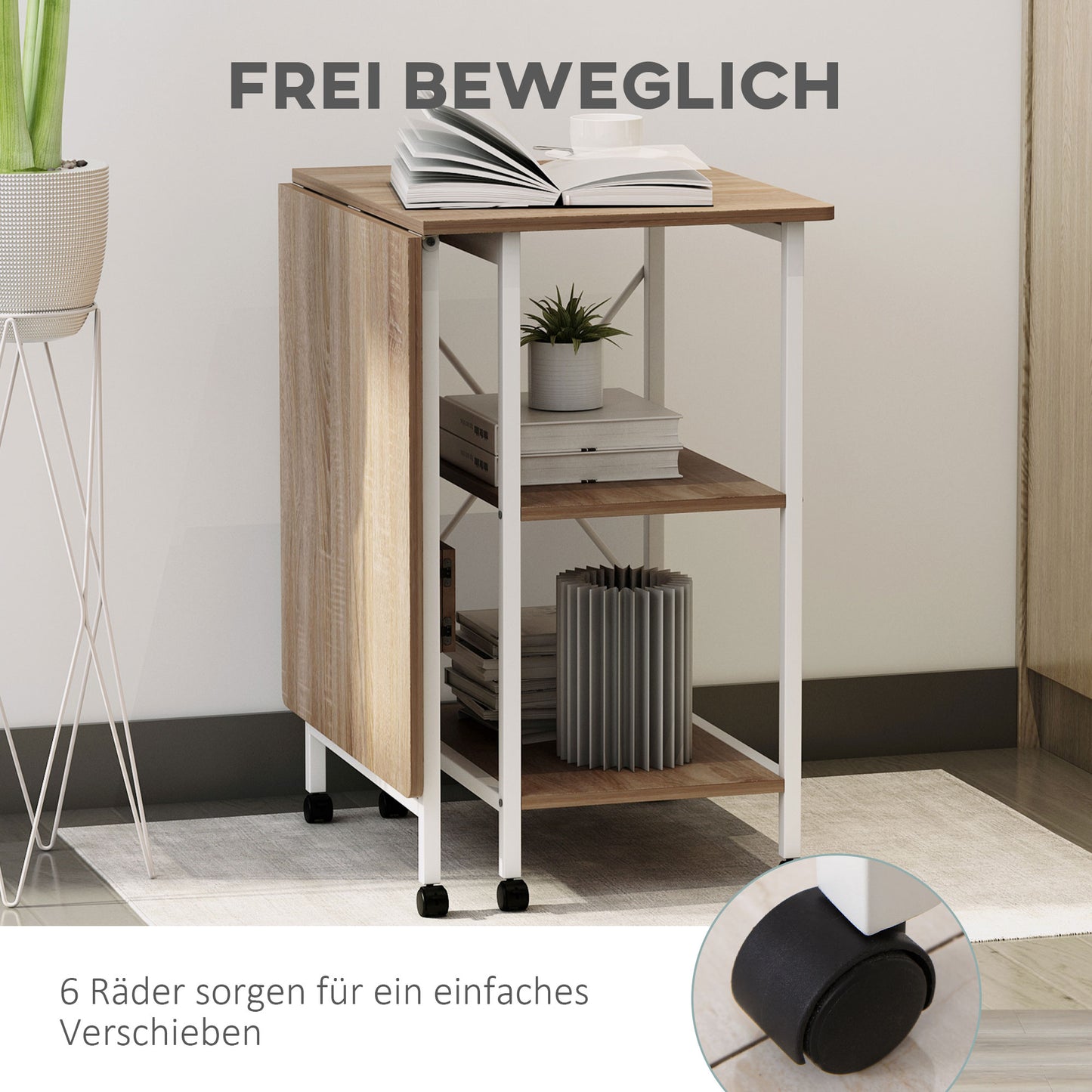 HOMCOM Klapptisch Schreibtisch Beistelltisch Bürotisch Mobiler Computertisch mit Rollen MDF Natur 107 x 55 x 76 cm