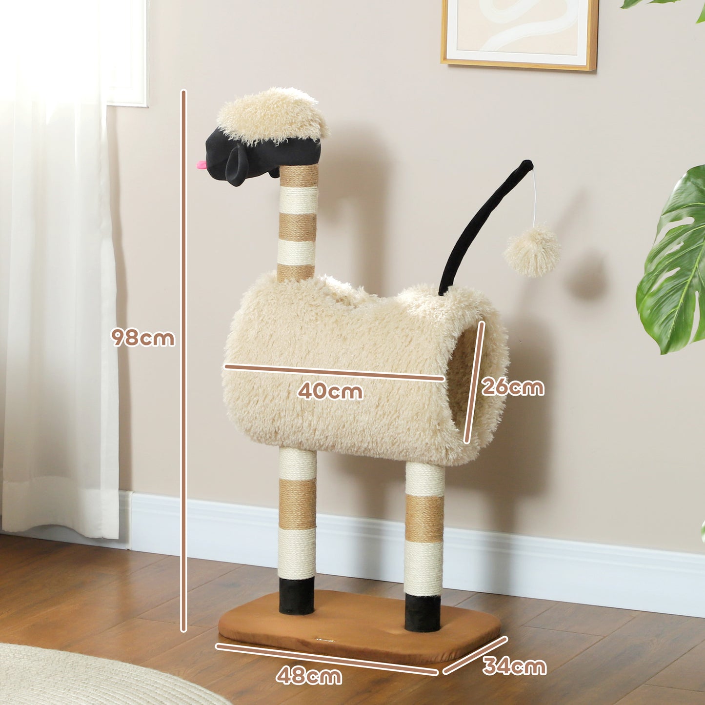 PawHut Katzenbaum im Schaf-Design, mit Kratzpfosten, Tunnel und Spielzeug, 98 cm, Hellbraun